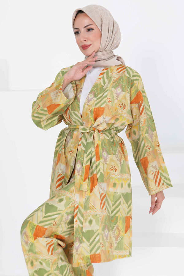 Desenli Kimono İkili Takım - 27436 YEŞİL