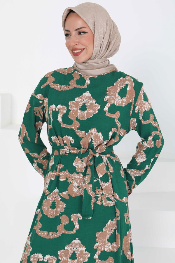 Desenli Kuşaklı Elbise - 27429 YEŞİL