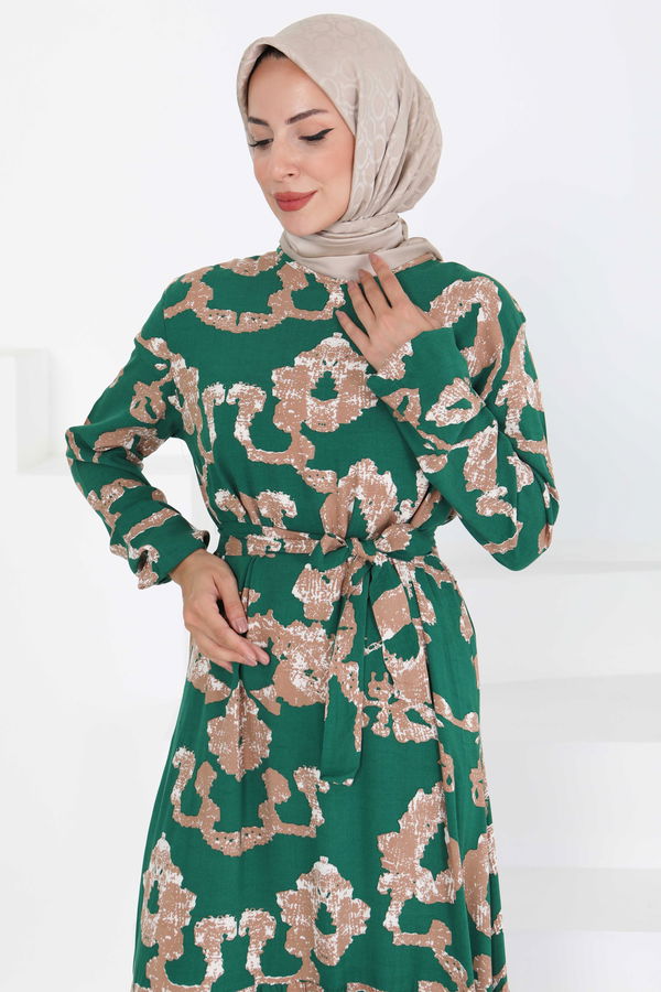 Desenli Kuşaklı Elbise - 27429 YEŞİL