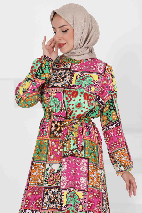 Kuşaklı Desenli Elbise - 27422 YEŞİL