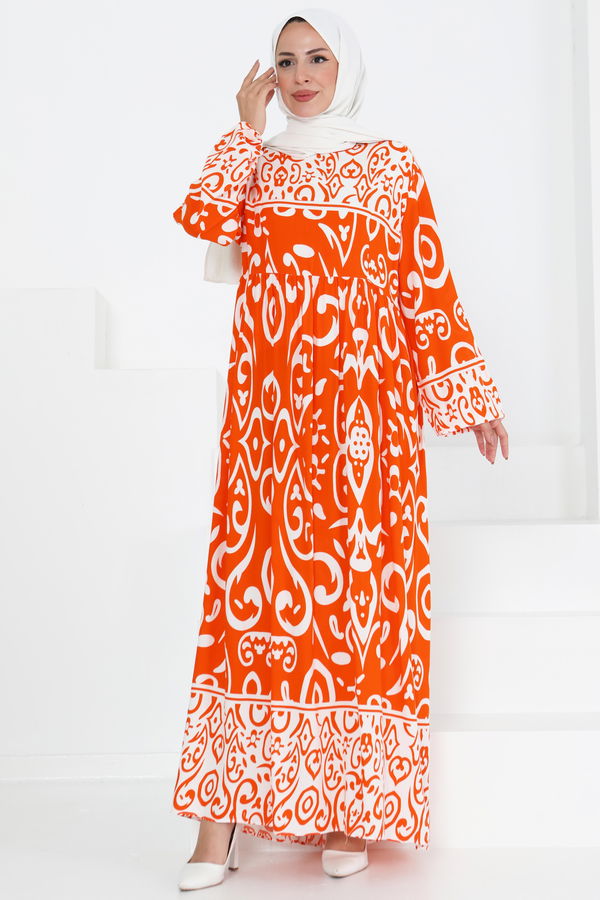 Desenli Elbise - 27431 TURUNCU