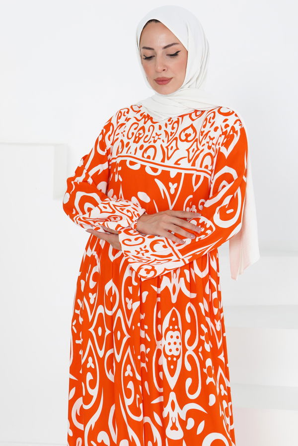 Desenli Elbise - 27431 TURUNCU