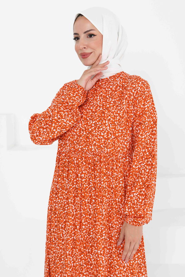 Desenli Elbise - 27421 TURUNCU