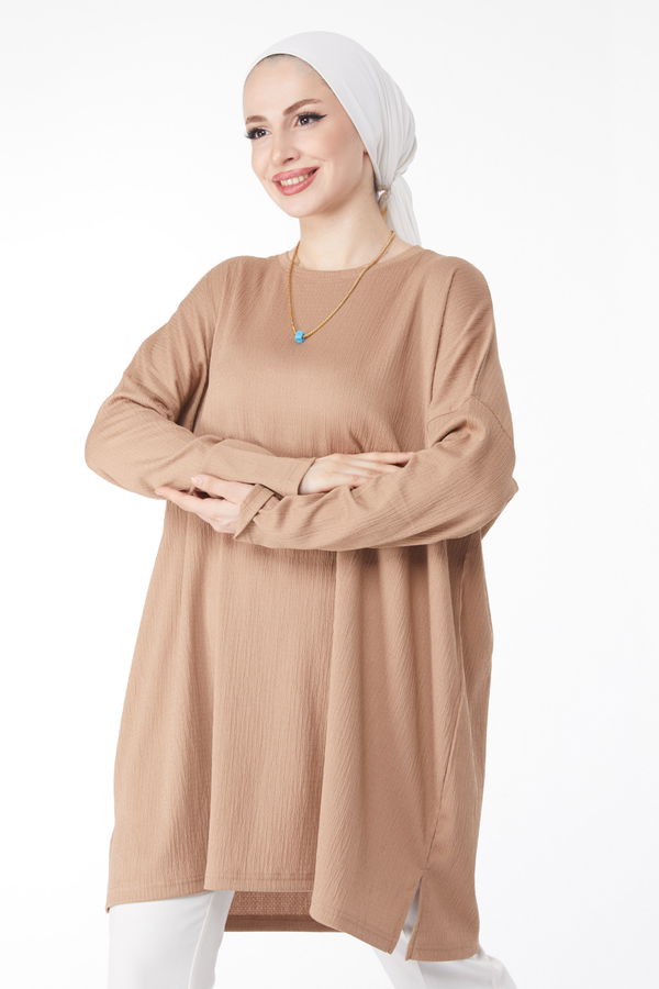 Düz Bisiklet Yaka Kadın Vizon Salaş Tunik - 24816 VİZON