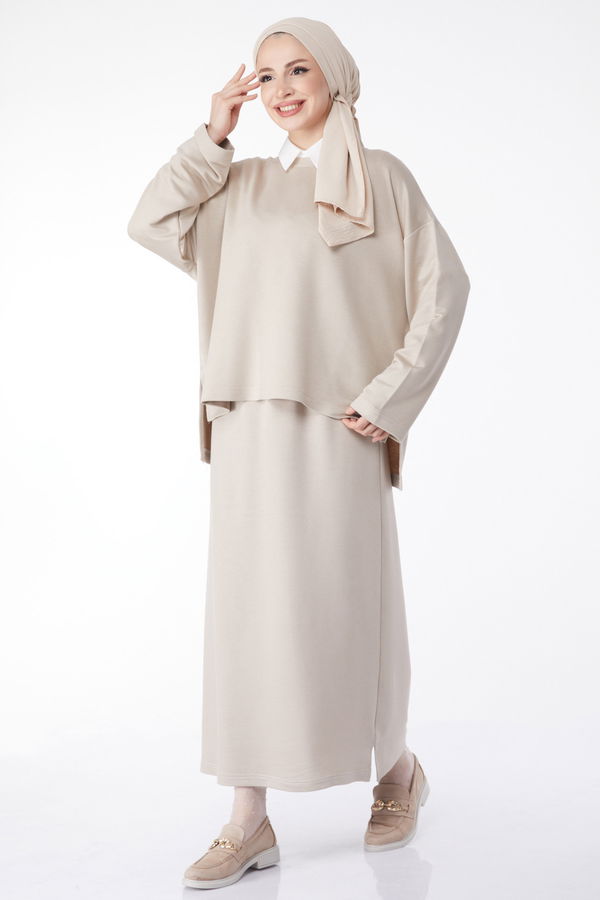 Düz Bisiklet Yaka Kadın Bej Sweatshirt+Etek İkili Takım - 24814 BEJ