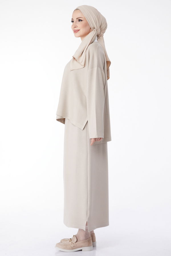 Düz Bisiklet Yaka Kadın Bej Sweatshirt+Etek İkili Takım - 24814 BEJ