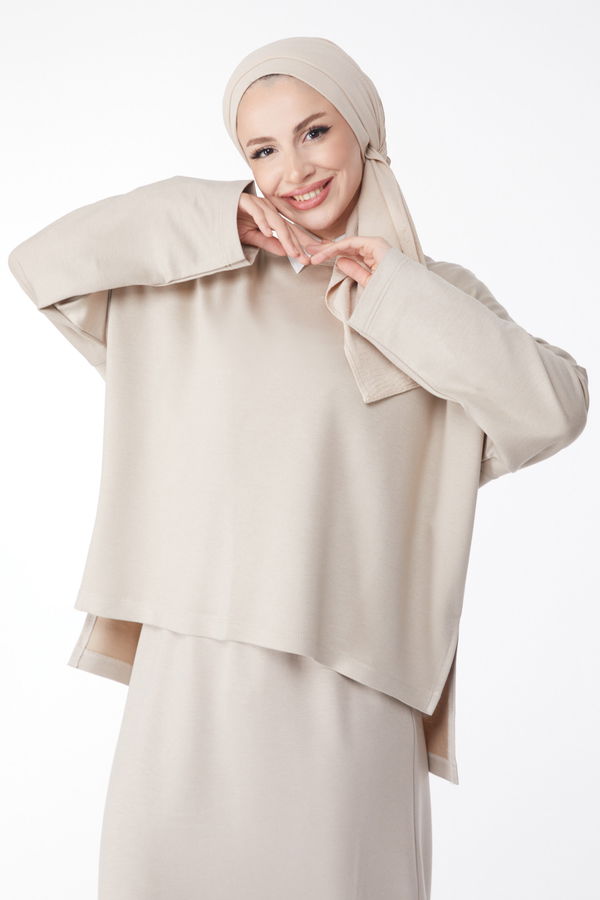 Düz Bisiklet Yaka Kadın Bej Sweatshirt+Etek İkili Takım - 24814 BEJ