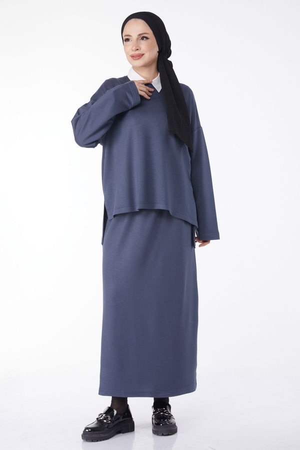 Düz Bisiklet Yaka Kadın Antrasit Sweatshirt+Etek İkili Takım - 24814 ANTRASİT