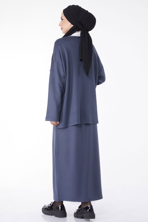Düz Bisiklet Yaka Kadın Antrasit Sweatshirt+Etek İkili Takım - 24814 ANTRASİT