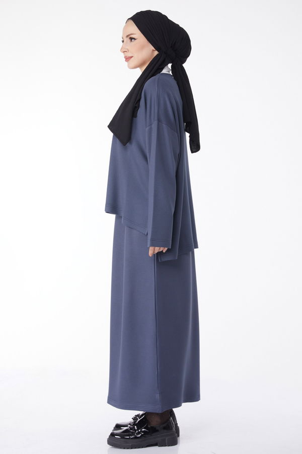 Düz Bisiklet Yaka Kadın Antrasit Sweatshirt+Etek İkili Takım - 24814 ANTRASİT