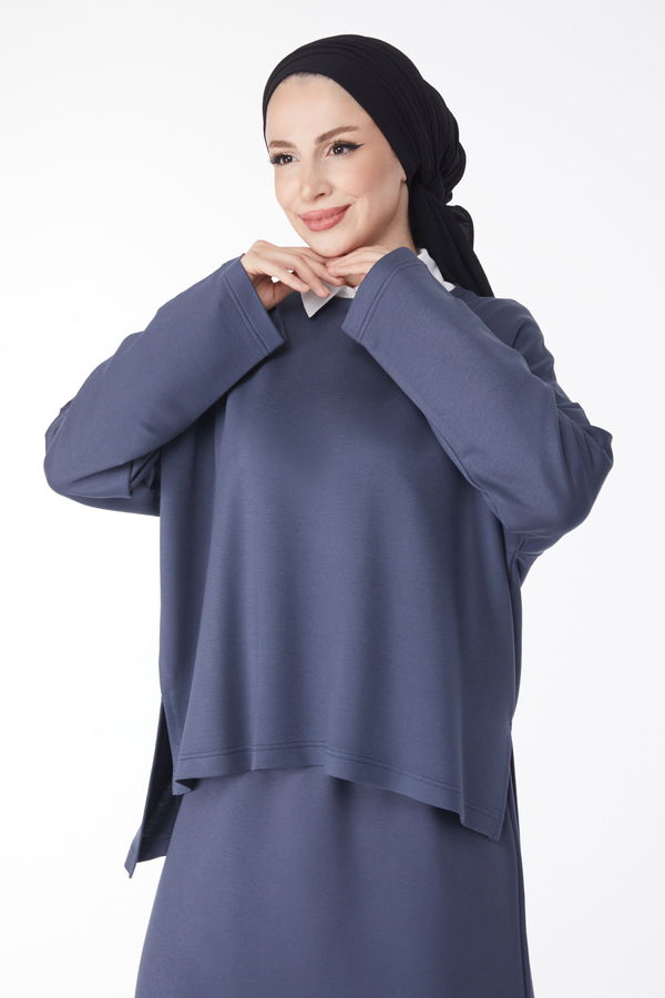Düz Bisiklet Yaka Kadın Antrasit Sweatshirt+Etek İkili Takım - 24814 ANTRASİT