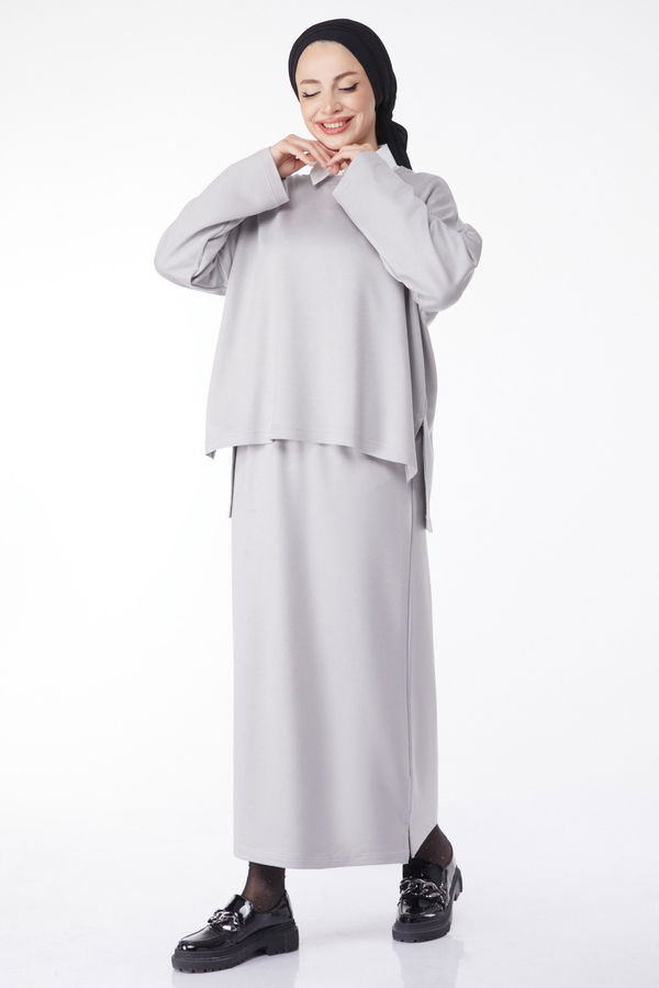 Düz Bisiklet Yaka Kadın Gri Sweatshirt+Etek İkili Takım - 24814 GRİ
