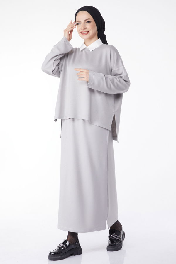 Düz Bisiklet Yaka Kadın Gri Sweatshirt+Etek İkili Takım - 24814 GRİ