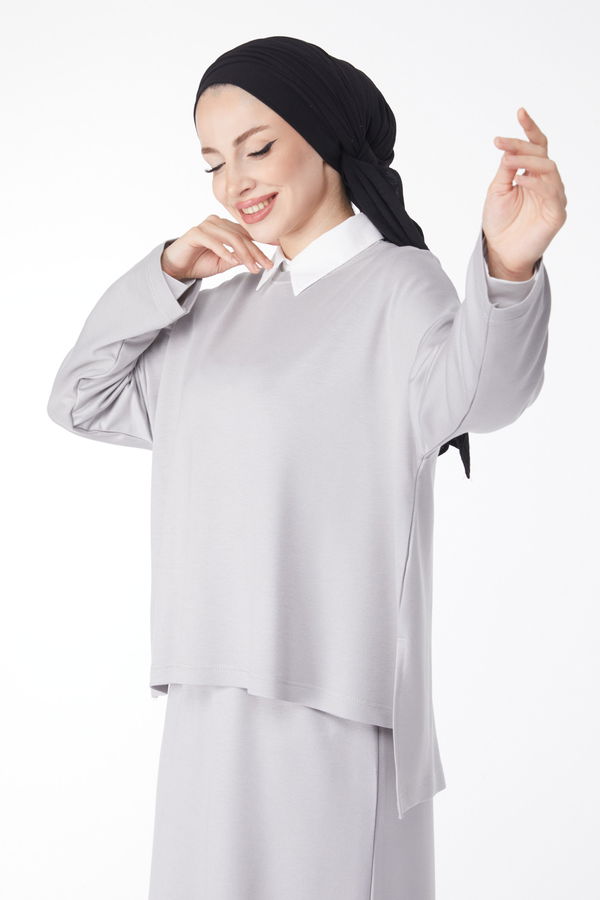Düz Bisiklet Yaka Kadın Gri Sweatshirt+Etek İkili Takım - 24814 GRİ