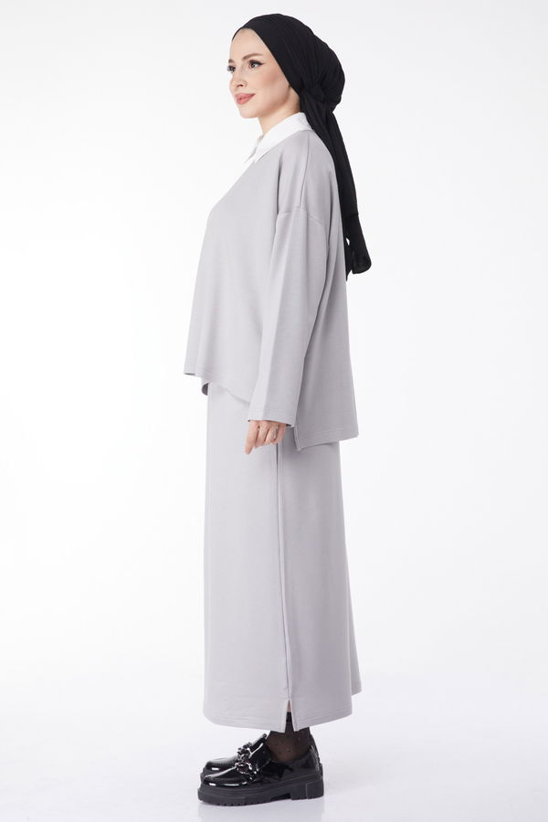 Düz Bisiklet Yaka Kadın Gri Sweatshirt+Etek İkili Takım - 24814 GRİ