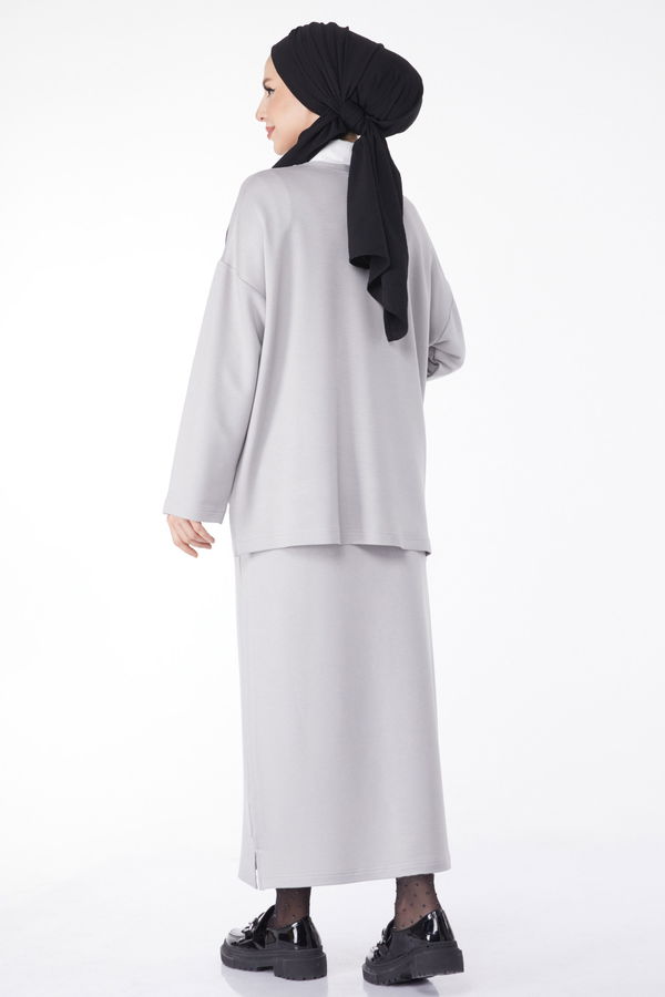 Düz Bisiklet Yaka Kadın Gri Sweatshirt+Etek İkili Takım - 24814 GRİ
