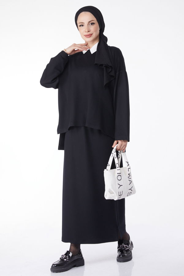 Düz Bisiklet Yaka Kadın Siyah Sweatshirt+Etek İkili Takım - 24814 SİYAH