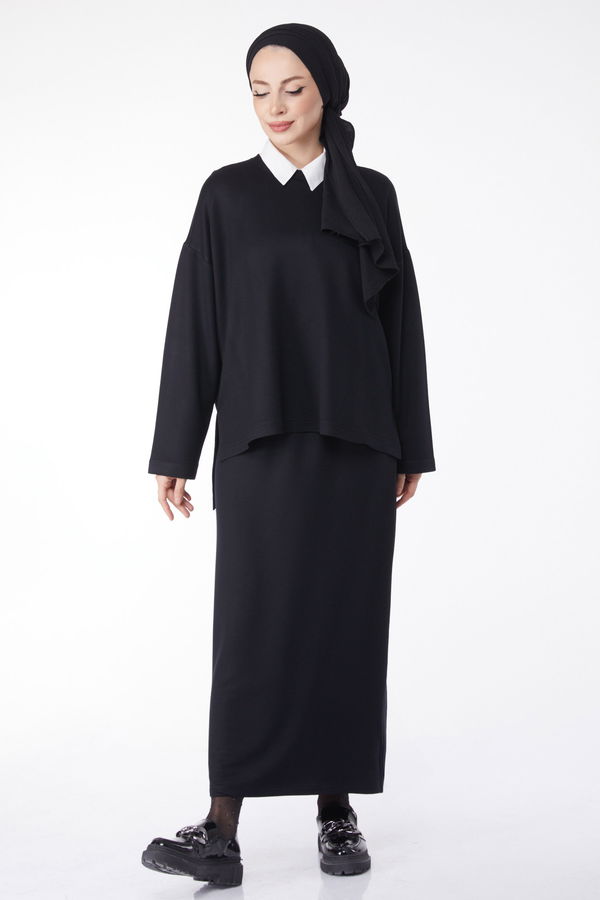 Düz Bisiklet Yaka Kadın Siyah Sweatshirt+Etek İkili Takım - 24814 SİYAH