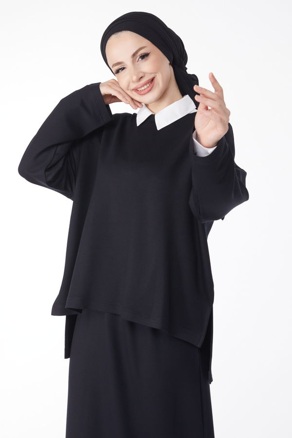 Düz Bisiklet Yaka Kadın Siyah Sweatshirt+Etek İkili Takım - 24814 SİYAH
