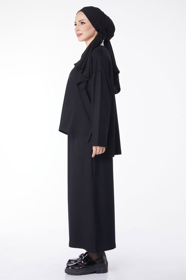 Düz Bisiklet Yaka Kadın Siyah Sweatshirt+Etek İkili Takım - 24814 SİYAH