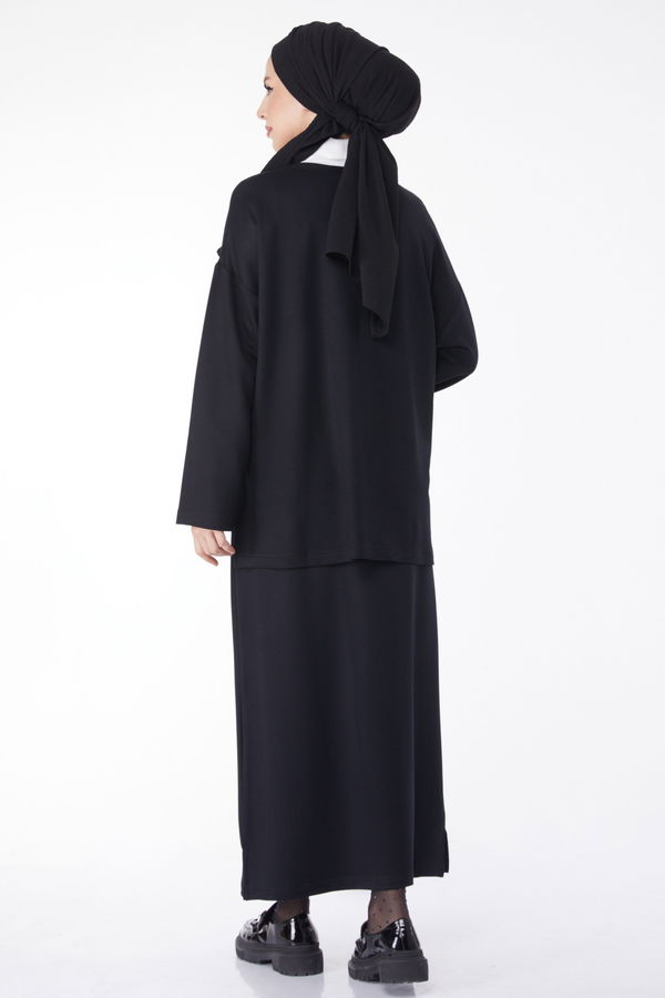 Düz Bisiklet Yaka Kadın Siyah Sweatshirt+Etek İkili Takım - 24814 SİYAH