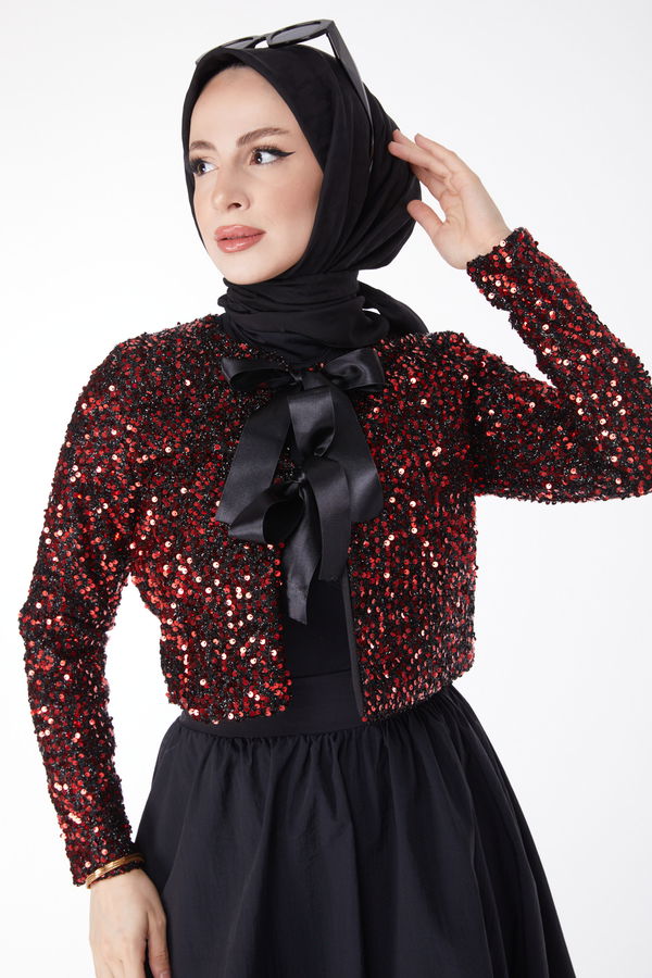 Düz Ceket Yaka Kadın Bordo Payetli Ceket + Etek İkili Takım - 24888 BORDO