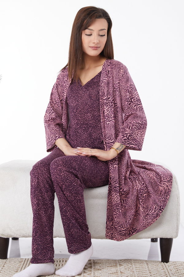 Düz Orta Kadın Mor Üçlü Sabahlık Takım - 22573 MOR