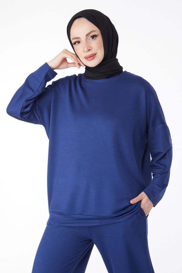 Düz Bisiklet Yaka Kadın Lacivert Sweatshirt+Pantolon İkili Takım - 24815