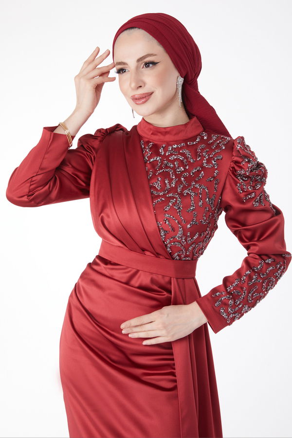 Düz Hakim Yaka Kadın Bordo İşlenmiş Taş Detaylı Abiye Elbise - 24903 BORDO