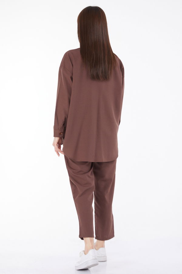 Düz Gömlek Yaka Kadın Kahverengi Tunik+Pantolon - 11508 KAHVERENGİ