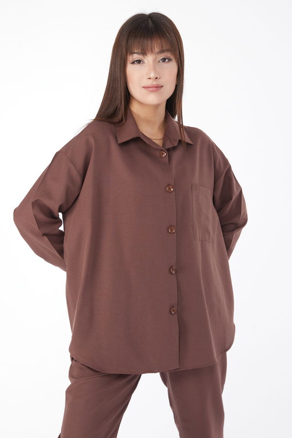 Düz Gömlek Yaka Kadın Kahverengi Tunik+Pantolon - 11508 KAHVERENGİ