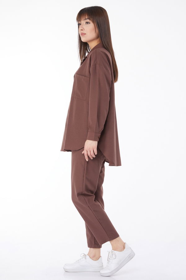 Düz Gömlek Yaka Kadın Kahverengi Tunik+Pantolon - 11508 KAHVERENGİ