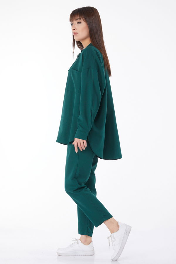 Düz Gömlek Yaka Kadın Yeşil Tunik+Pantolon - 11508
