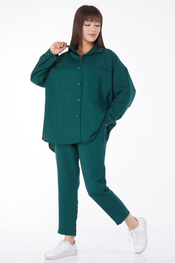 Düz Gömlek Yaka Kadın Yeşil Tunik+Pantolon - 11508