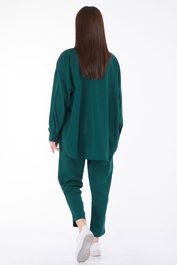 Düz Gömlek Yaka Kadın Yeşil Tunik+Pantolon - 11508