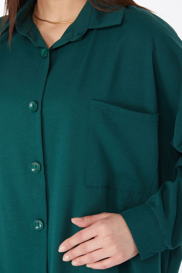 Düz Gömlek Yaka Kadın Yeşil Tunik+Pantolon - 11508