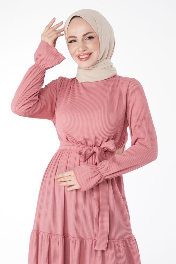 Düz Gömlek Yaka Kadın Pembe Beli Lastikli Elbise - 25055