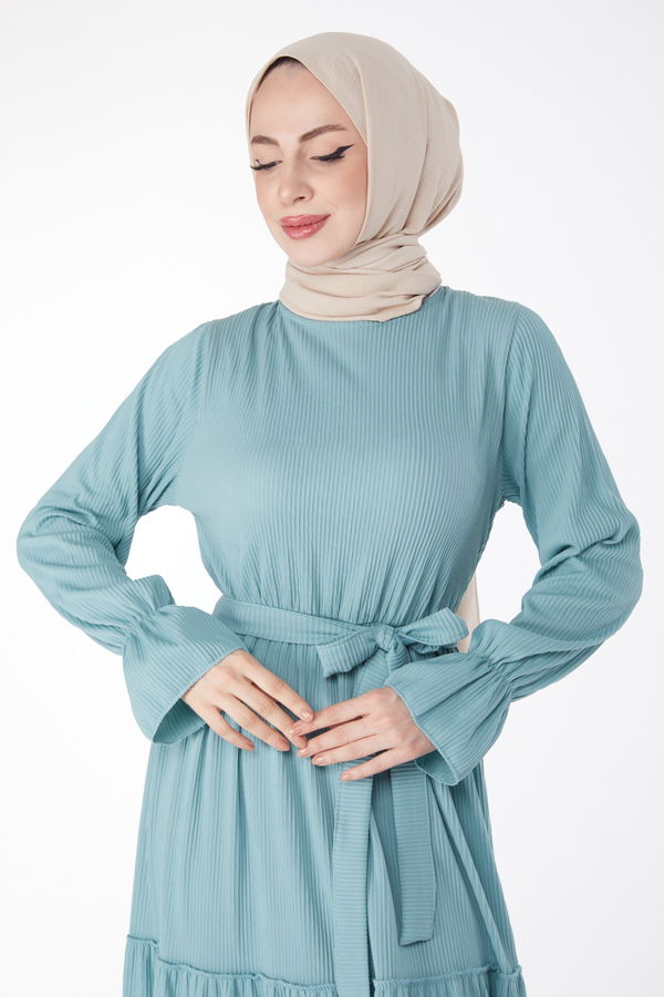 Düz Gömlek Yaka Kadın Yeşil Beli Lastikli Elbise - 25055 YEŞİL