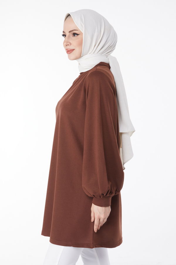 Düz Hakim Yaka Kadın Kahverengi Sweatshirt - 13138 KAHVERENGİ