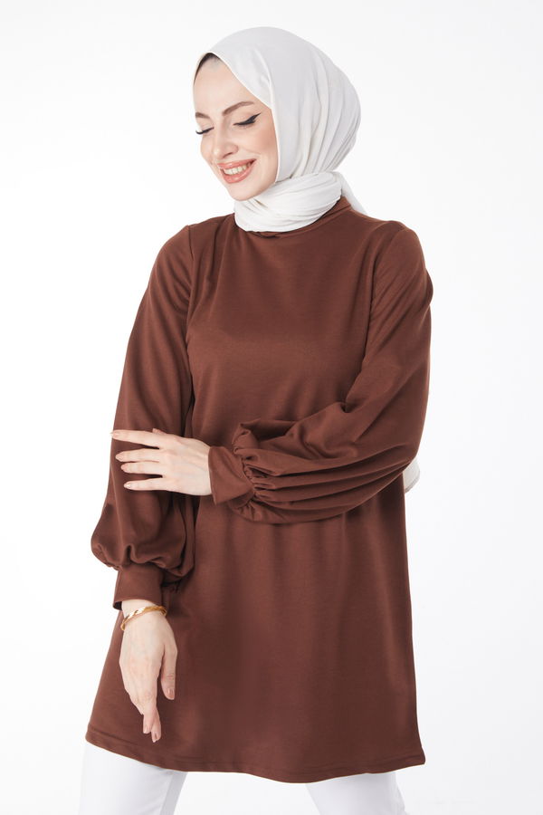 Düz Hakim Yaka Kadın Kahverengi Sweatshirt - 13138 KAHVERENGİ