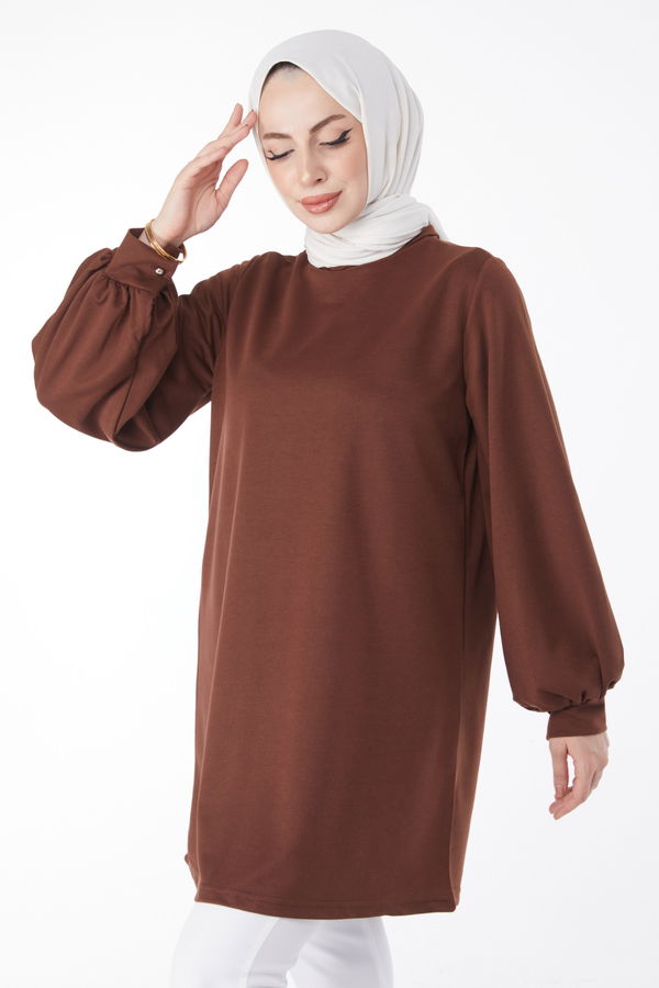 Düz Hakim Yaka Kadın Kahverengi Sweatshirt - 13138 KAHVERENGİ