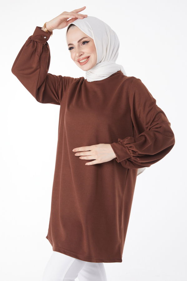 Düz Hakim Yaka Kadın Kahverengi Sweatshirt - 13138 KAHVERENGİ