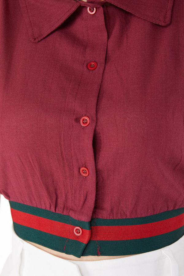 Düz Gömlek Yaka Kadın Bordo Etek Lastik Detaylı Crop - 13162