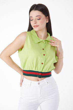 Düz Gömlek Yaka Kadın Yeşil Etek Lastik Detaylı Crop - 13162