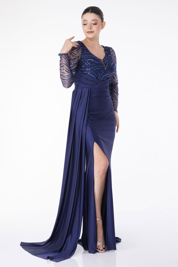 Düz Orta Kadın Lacivert Glitter Detaylı Abiye Elbise - 25224