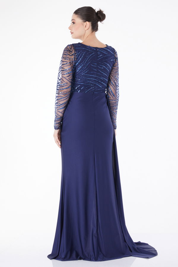 Düz Orta Kadın Lacivert Glitter Detaylı Abiye Elbise - 25224
