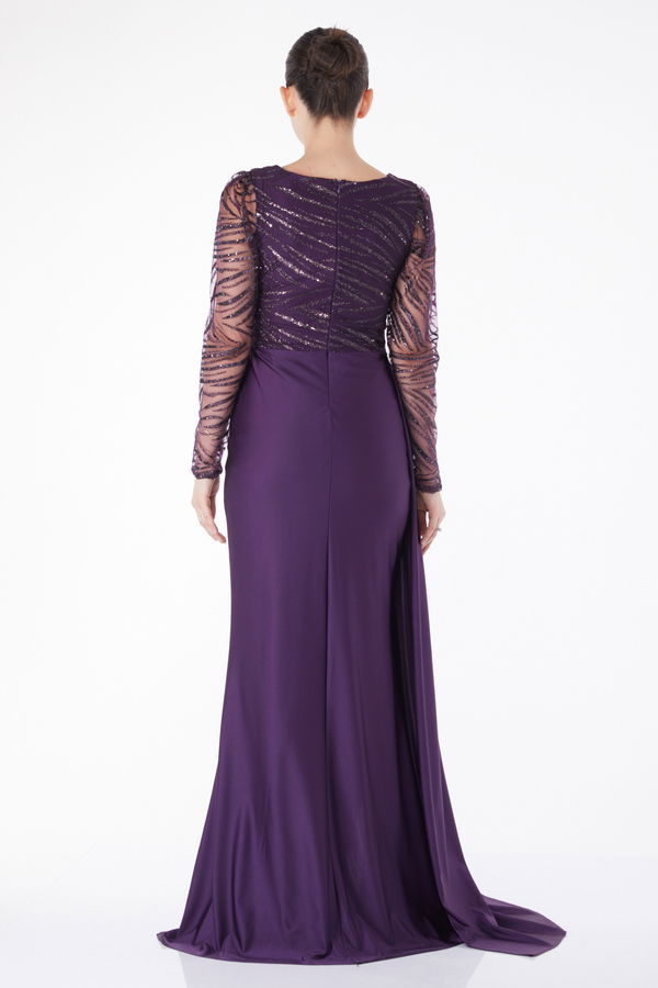 Düz Orta Kadın Mor Glitter Detaylı Abiye Elbise - 25224