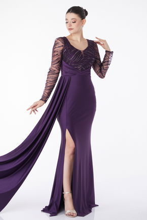 Düz Orta Kadın Mor Glitter Detaylı Abiye Elbise - 25224