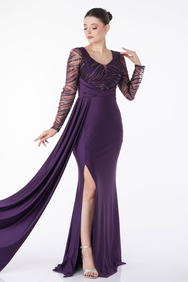 Düz Orta Kadın Mor Glitter Detaylı Abiye Elbise - 25224