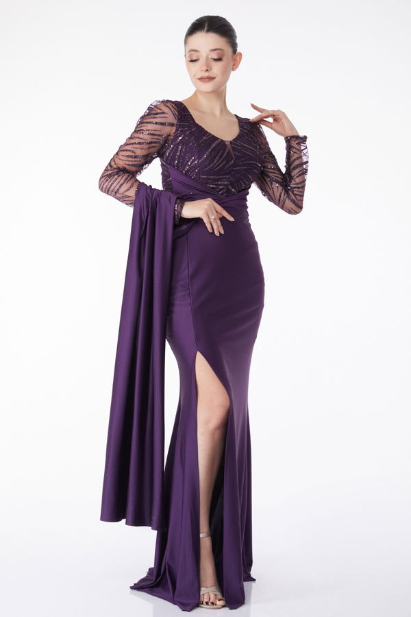 Düz Orta Kadın Mor Glitter Detaylı Abiye Elbise - 25224